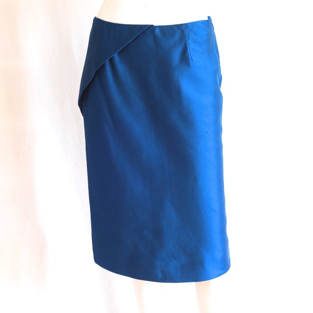 Alberta Ferretti Blue Silk Skirt With Ruffled Silk Chiffon Kick Pleat - Italy